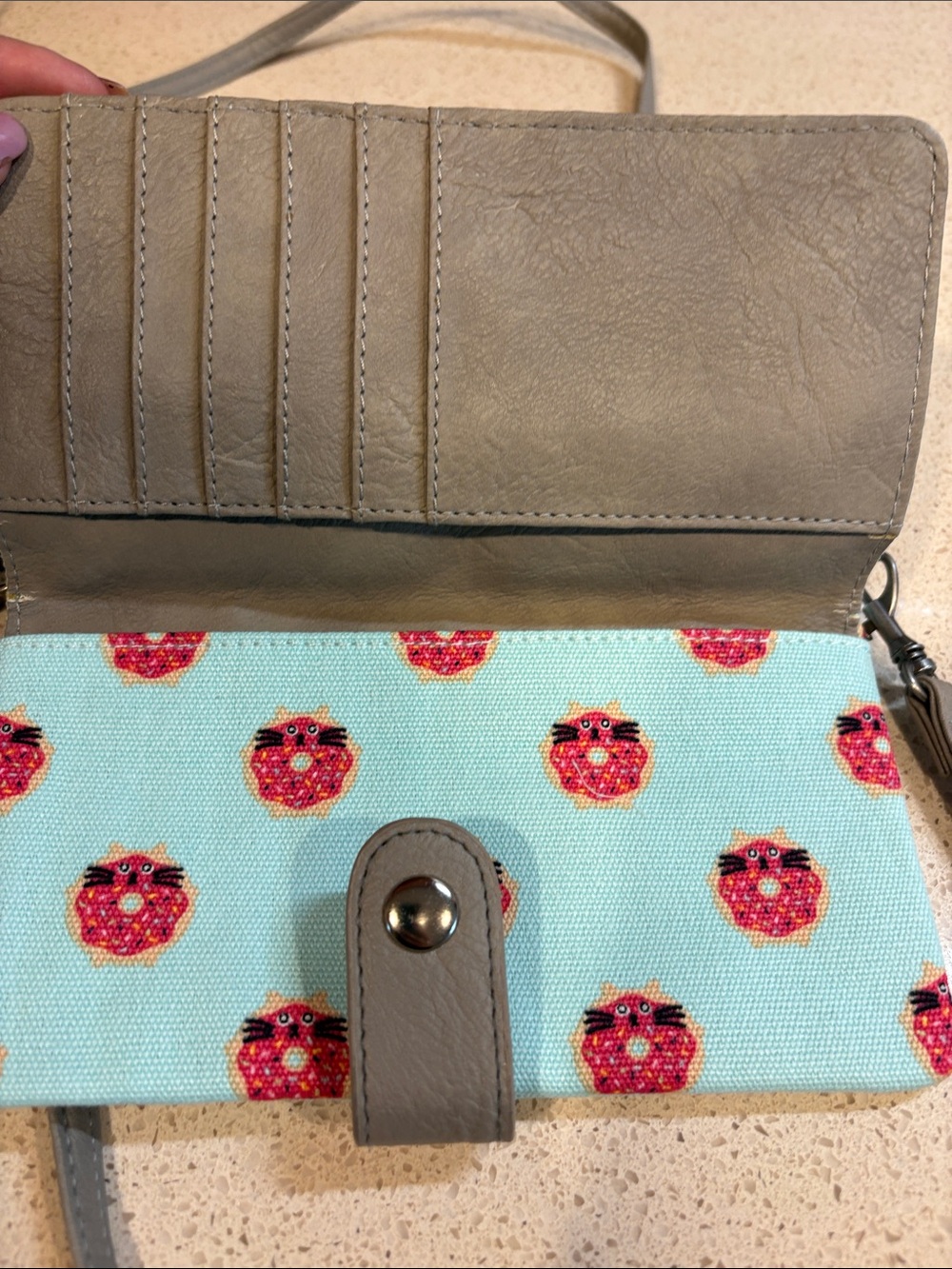 Mint Green Canvas Clutch/Crossbody W/ Kitty Donut Print & Donut socks Both New! - Picture 7 of 10